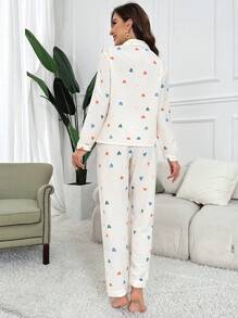 Heart Print Contrast Piping PJ Set / Pajama Set - Beige - View 2