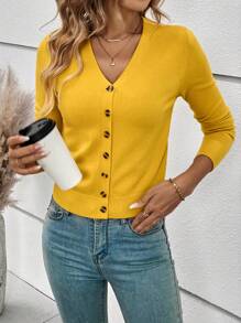 SHEIN Frenchy Solid Button Front Cardigan,Long Sleeve Tops,Knitted Sweater In Fall/Winter Casual