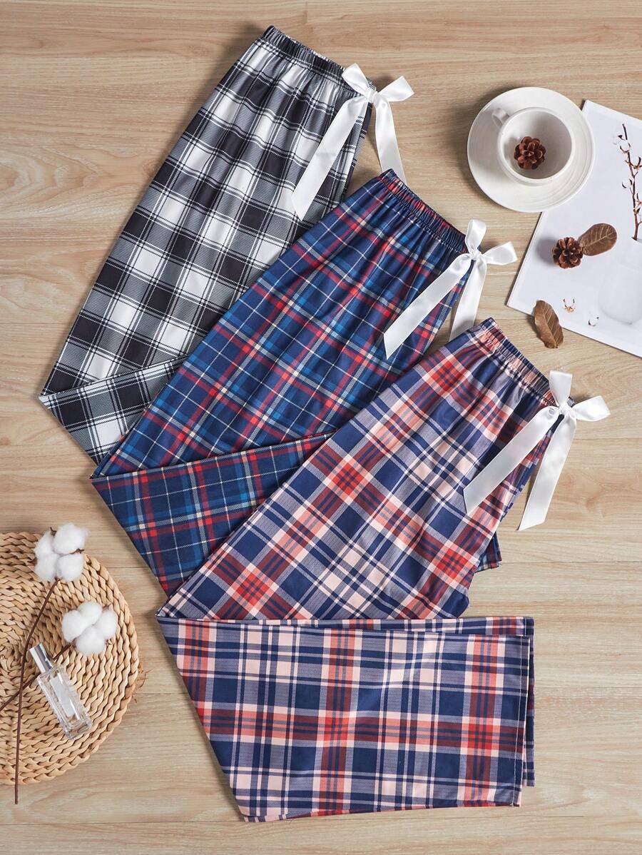 3件套格子印花蝴蝶结前开襟睡衣裤，秋冬服装 - 彩色 - 查看 1
