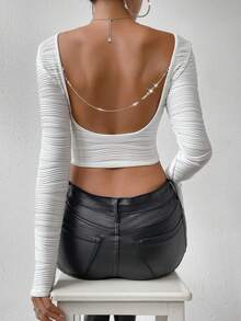 Allurite Chain Detail Backless Crop Tee - White - View 4