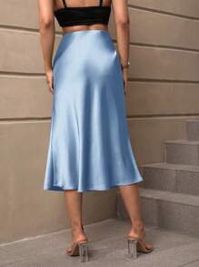 SHEIN BAE 高腰素色緞面A字半身裙 - 藍色 - 查看 2