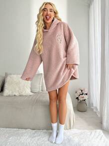 Thêu trái tim Thả vai áo có mũ Teddy Váy ngủ - Màu Hồng baby - Xem 4