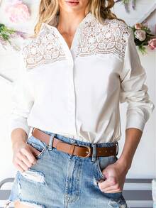 Astylish Guipure Lace Insert Shirt - White - View 5