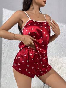 Heart Print Contrast Binding Satin PJ Set / Pajama Set - Red - View 3