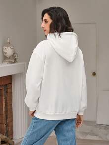 SHEIN Frenchy Heart & Letter Graphic Drop Shoulder Drawstring Hoodie - White - View 4