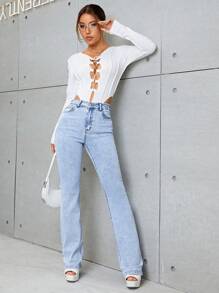 SHEIN Essnce Slant Pocket Flare Leg Jeans - Light Wash - View 6