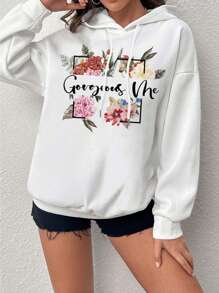 SHEIN LUNE Floral & Letter Graphic Drop Shoulder Drawstring Hoodie - White - View 6