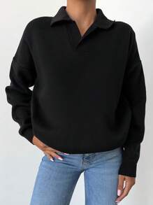 EURMUSE Solid Drop Shoulder Sweater - Black - View 4