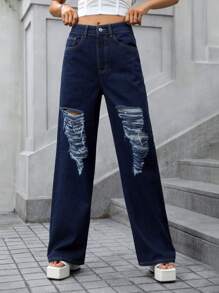 SHEIN Essnce Ripped Straight Leg Jeans - Blue - View 6