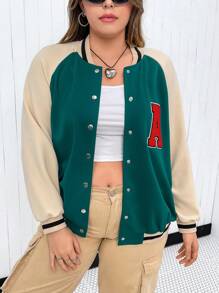 Flirla Hơn Thư được vá Sọc trang trí Tay Raglan Áo khoác Đại học - màu xanh lá - Xem 4