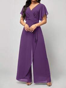 SHEIN Clasi Butterfly Sleeve Wrap Belted Jumpsuit