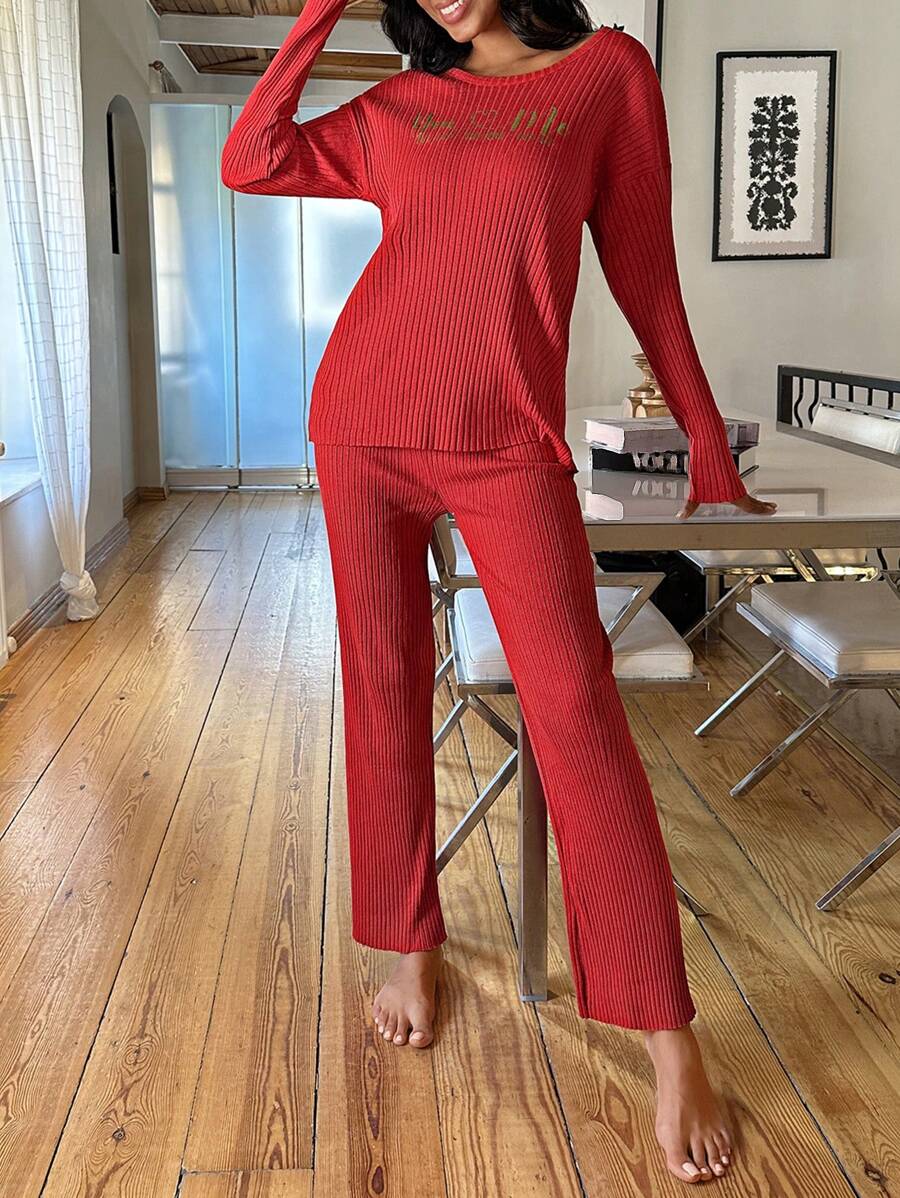 RueChic Letter Graphic Ribbed Knit Lounge Set - Red - View 1