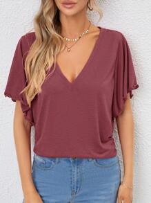 SHEIN LUNE 素色V領蝴蝶袖T恤
