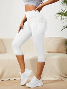 Easithlete Wide Waistband Capri Sports Leggings With Phone Pocket - White - View 4