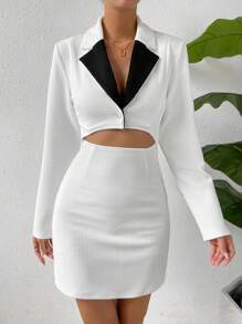 Chiquease Contrast Lapel Neck Cut Out Bodycon Dress - White - View 6
