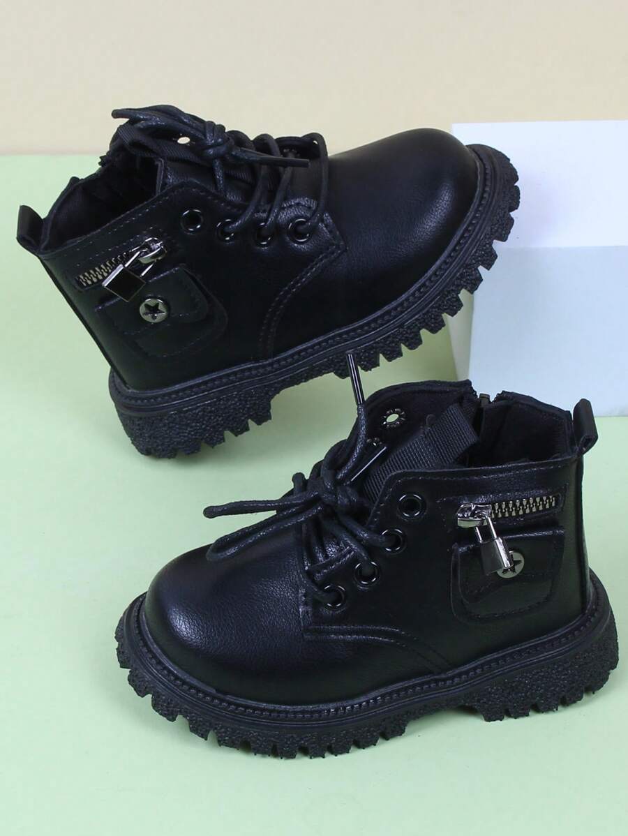 Infant Lace-up & Zipper Design Mini Lock Decor Boots - Black - View 1