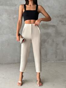 Cottnline 100%Cotton Solid Zipper Fly Cropped Tapered Pants - White - View 5