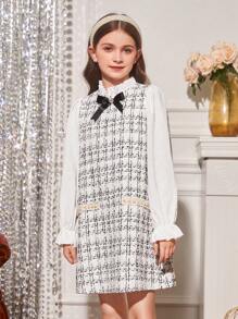 SHEIN Tween Girl Plaid Pattern Bow Front Flounce Sleeve Tweed Dress - Black and White - View 3