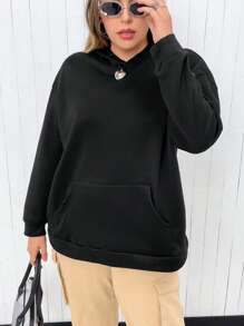 Flirla Plus Size Letter Embroidery Drop Shoulder Sweatshirt Pullover Fall Sweatshirt - Black - View 6