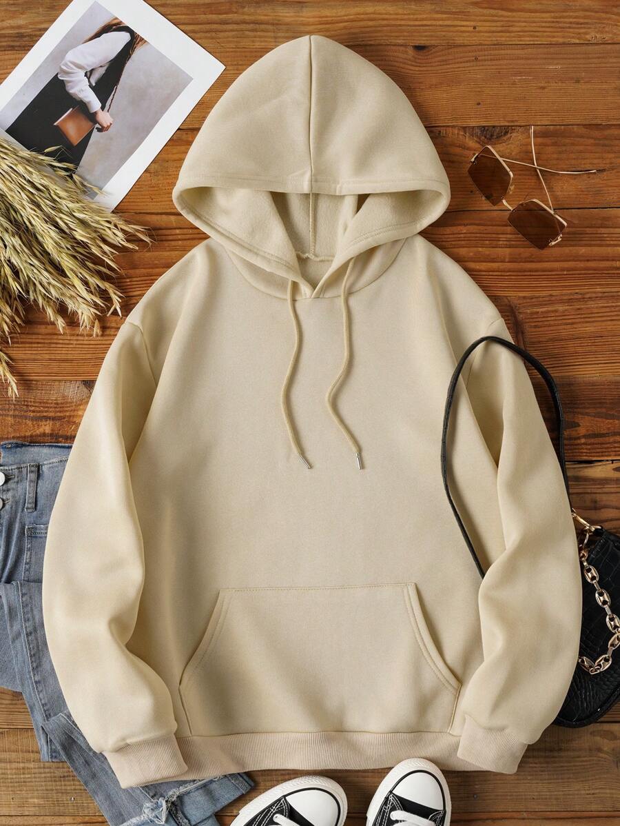 SHEIN EZwear Chất rắn Túi kangaroo Hoodie - Màu be - Xem 1