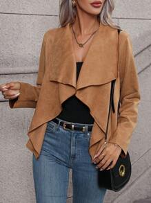 SHEIN VCAY Cổ áo thác nước Mở Mặt trước Viền không đối xứng Áo khoác - màu nâu - Xem 6