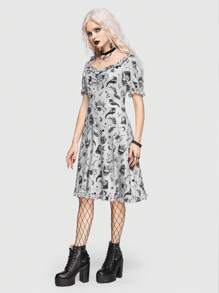 ROMWE Goth In Toàn bộ Lá sen tỉa Đầm Không có thắt lưng - Xám - Xem 4