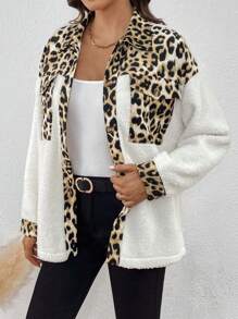 SHEIN LUNE Leopard Print Drop Shoulder Teddy Coat - Multicolor - View 6