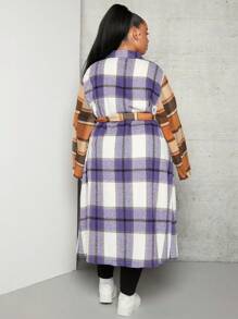 SHEIN CURVE+ Plus Plaid Print Drop Shoulder Belted Overcoat