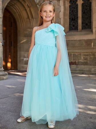 女大童不規則肩蝴蝶結細節網紗覆蓋派對禮服