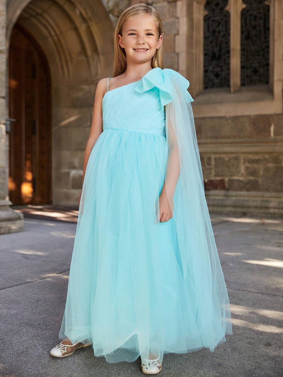 女大童不規則肩蝴蝶結細節網紗覆蓋派對禮服