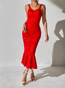 Zolique Floral Embroidery Mermaid Hem Cami Dress - Red - View 4