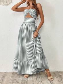 SHEIN VCAY Striped Print Cut Out Ruffle Hem Halter Dress