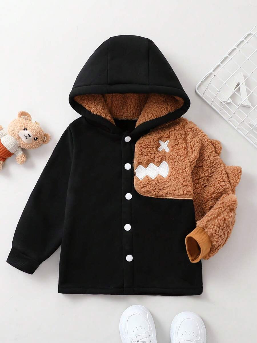 Young Boy Cartoon Embroidery Hooded Coat - Black - View 1