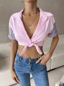 SHEIN Privé In sọc Nút phía trước Mùa vụ Áo sơ mi - Nhiều màu - Xem 4