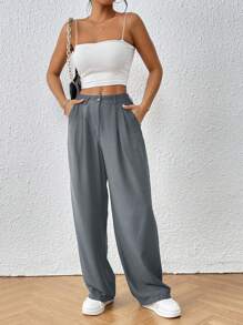 SHEIN Frenchy 拼接細節直筒西裝褲 - 灰色 - 查看 4