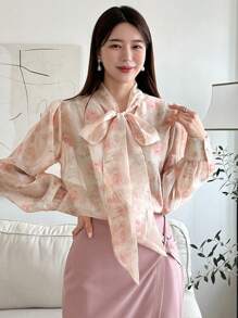 DAZY 燈籠袖印花襯衫 - 彩色 - 查看 3