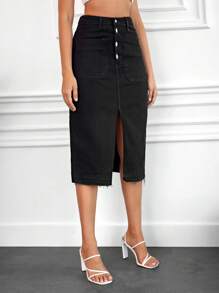 RueChic Button Fly Raw Hem Split Thigh Denim Skirt - Black - View 5