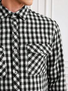 SHEIN Cottnline Men Gingham Print Flap Pocket Shirt - Black and White - View 3