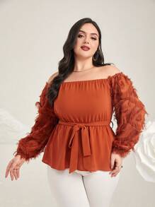 Modelyn 大碼一字肩貼花燈籠袖腰帶襯衫 - 珊瑚橙 - 查看 4