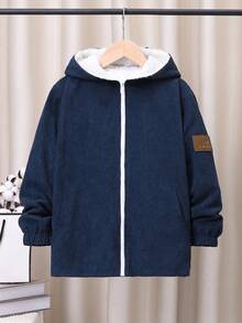 SHEIN Tween Boy Letter Patched Detail Teddy Lined Hooded Corduroy Coat Without Tee - Navy Blue - View 3