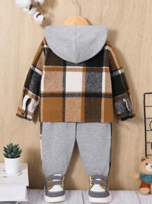 SHEIN Baby Boy Plaid Print Hooded Shirt & Sweatpants - Multicolor - View 4