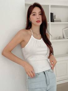 DAZY Áo len cổ yếm hở lưng màu trơn thu đông - trắng - Xem 3