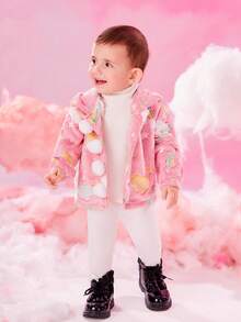 Baby Girl Rainbow Pattern Hooded Teddy Jacket - Pink - View 5