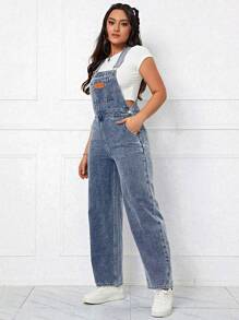 Flexra 字母補丁細節牛仔背帶褲不帶T恤 - 中等水洗藍 - 查看 4