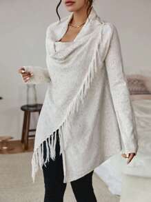 SHEIN Clasi Draped Collar Fringe Trim Asymmetrical Hem Sweater - Apricot - View 1