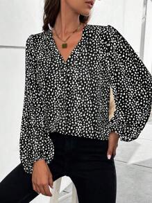 SHEIN LUNE Allover Print Lantern Sleeve Blouse - Black - View 4