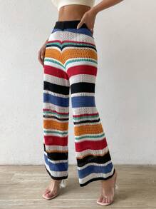 SHEIN VCAY Striped Pattern Wide Leg Knit Pants - Multicolor - View 5