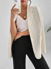 SHEIN Essnce Lapel Neck Pocket Patched Single Button Blazer - Beige - View 5