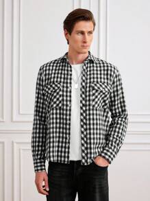 SHEIN Cottnline Men Gingham Print Flap Pocket Shirt - Black and White - View 6