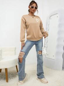 INAWLY Heart Print Drop Shoulder Sweatshirt,Long Sleeve Tops - Khaki - View 4